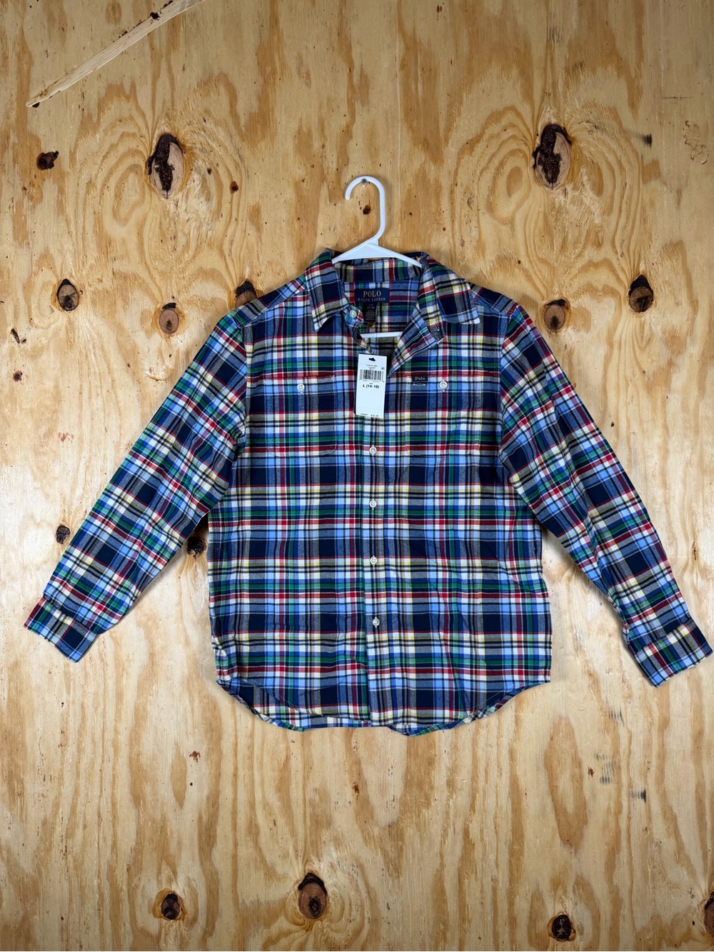 NWT Polo by Ralph Lauren Navy Plaid Cotton Button-Down Shirt Youth Large